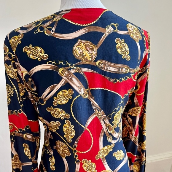 Vintage Stephanie Andrews 100% Silk Equestrian Navy Red Button Down Blouse Shirt - Picture 11 of 16